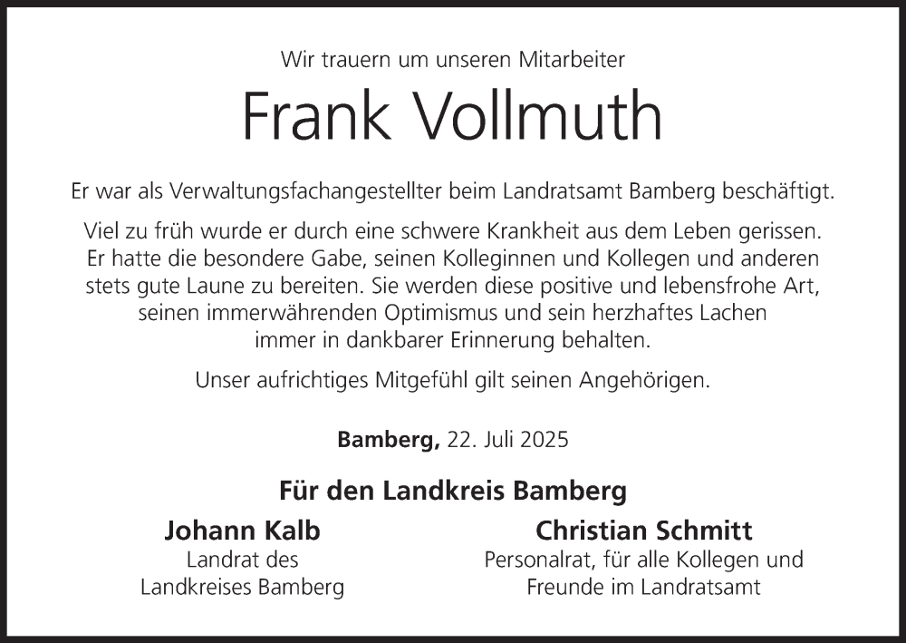  Traueranzeige für Frank Vollmuth vom 22.07.2025 aus MGO