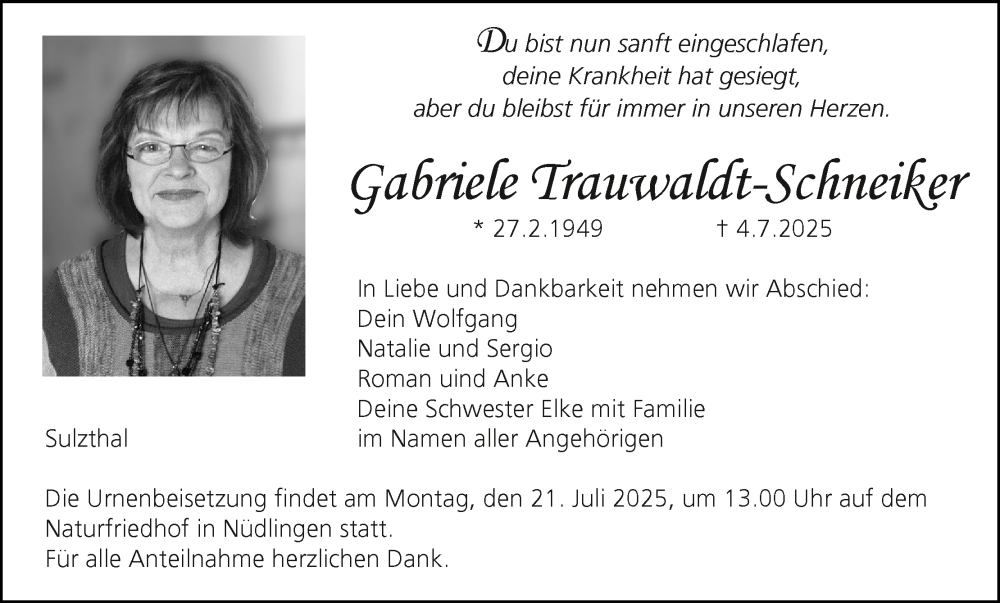  Traueranzeige für Gabriele Trauwaldt-Schneiker vom 12.07.2025 aus MGO