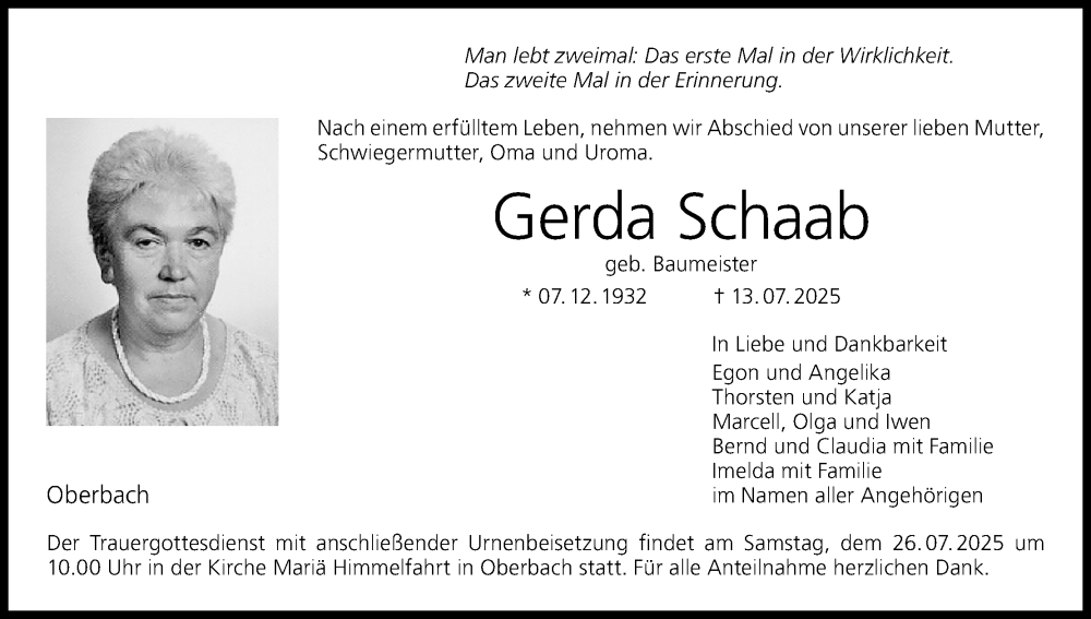  Traueranzeige für Gerda Schaab vom 19.07.2025 aus MGO
