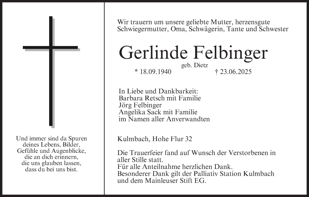  Traueranzeige für Gerlinde Felbinger vom 05.07.2025 aus MGO