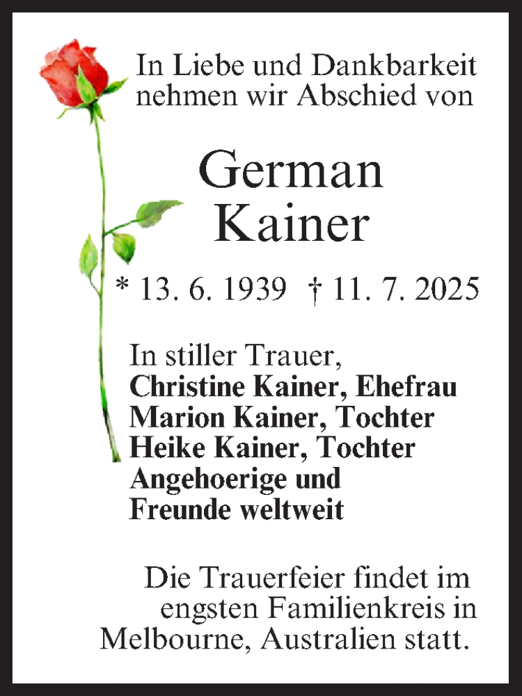  Traueranzeige für German Kainer vom 17.07.2025 aus MGO