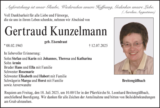 Anzeige von Gertraud Kunzelmann von MGO