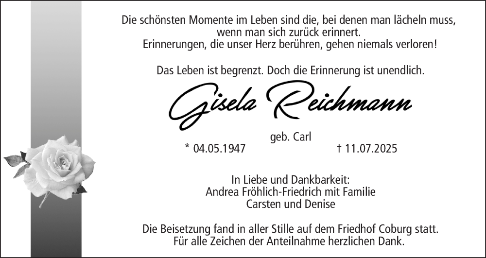  Traueranzeige für Gisela Reichmann vom 26.07.2025 aus MGO