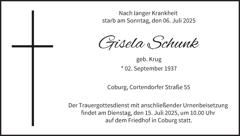  Traueranzeige für Gisela Schunk vom 12.07.2025 aus MGO
