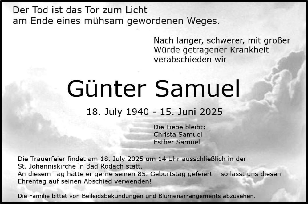 Traueranzeige für Günter Samuel vom 05.07.2025 aus MGO