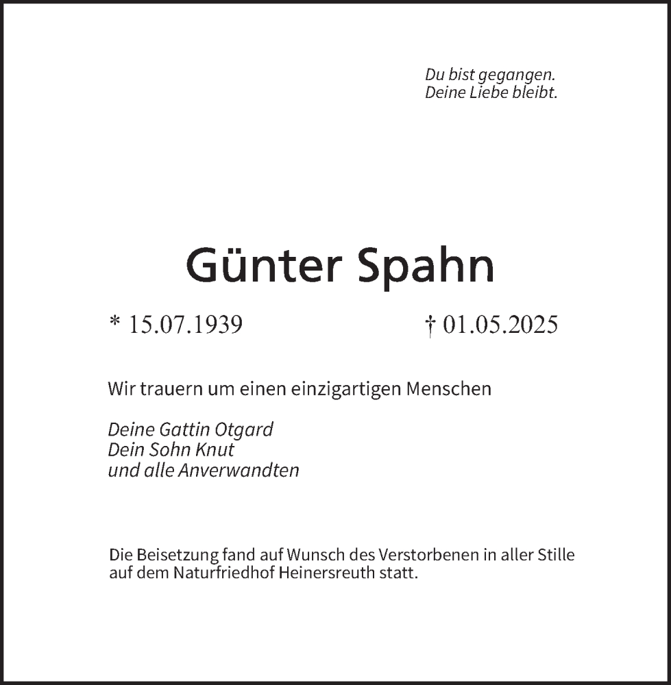  Traueranzeige für Günter Spahn vom 05.07.2025 aus MGO