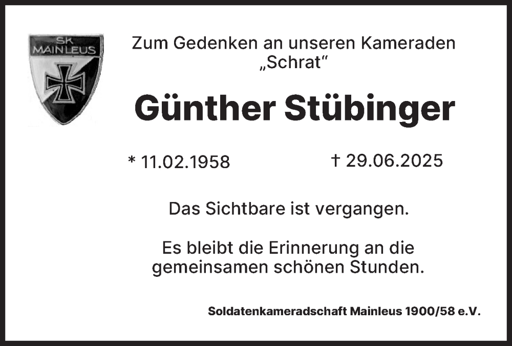  Traueranzeige für Günther Stübinger vom 26.07.2025 aus MGO