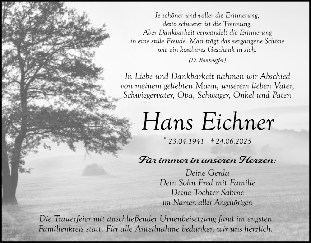  Traueranzeige für Hans Eichner vom 29.07.2025 aus MGO