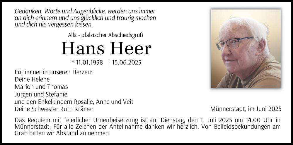  Traueranzeige für Hans Heer vom 01.07.2025 aus MGO