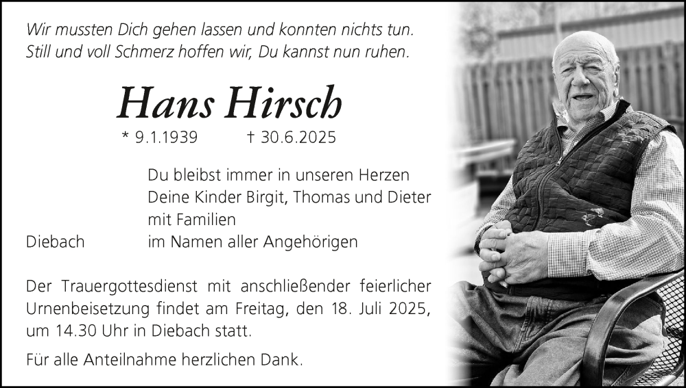  Traueranzeige für Hans Hirsch vom 05.07.2025 aus MGO