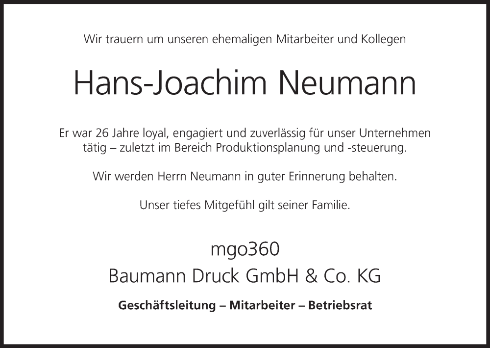  Traueranzeige für Hans-Joachim Neumann vom 26.07.2025 aus MGO