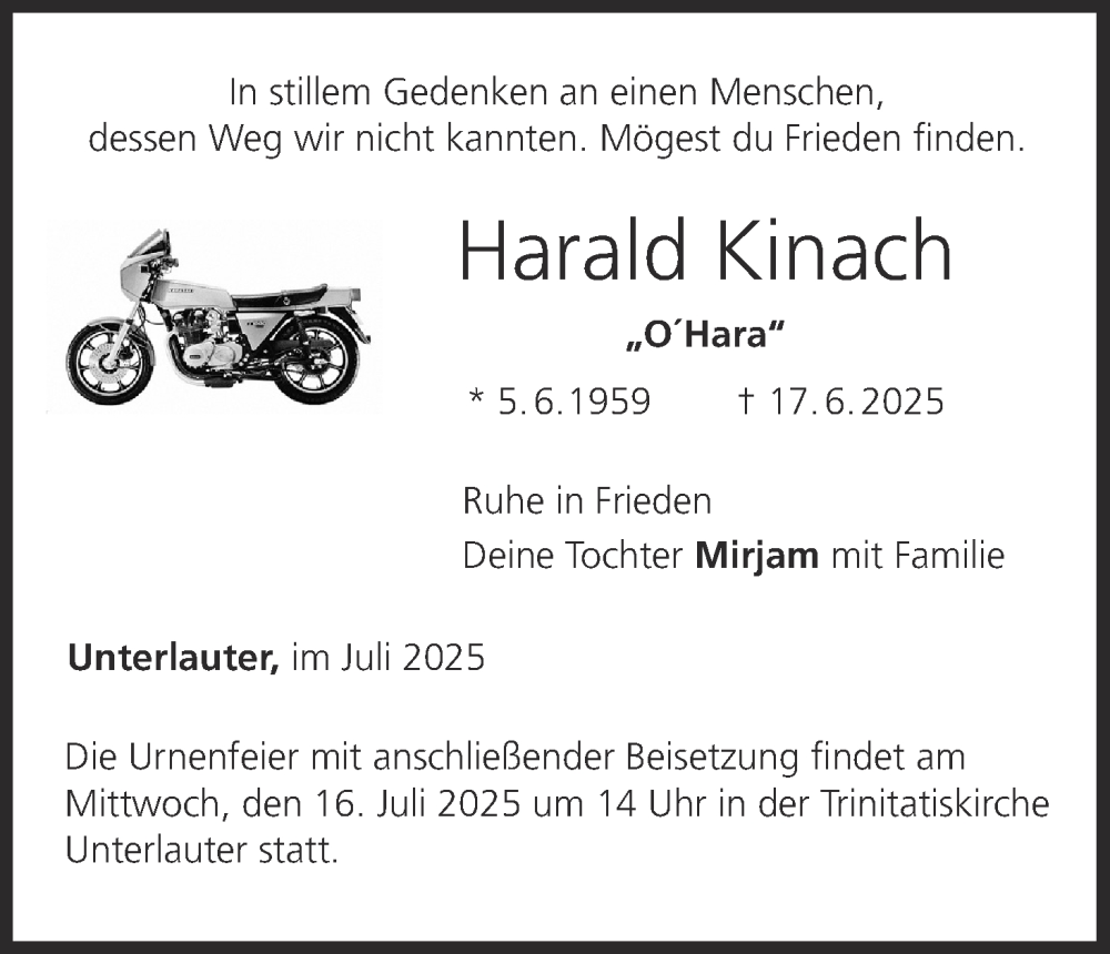  Traueranzeige für Harald Kinach vom 05.07.2025 aus MGO