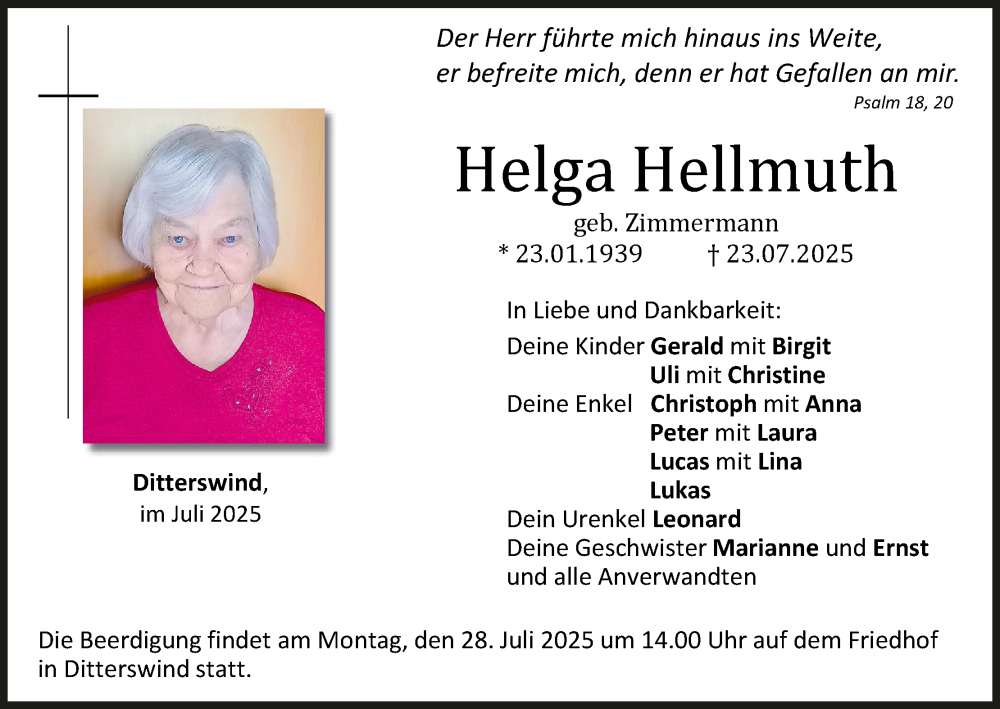  Traueranzeige für Helga Hellmuth vom 26.07.2025 aus MGO