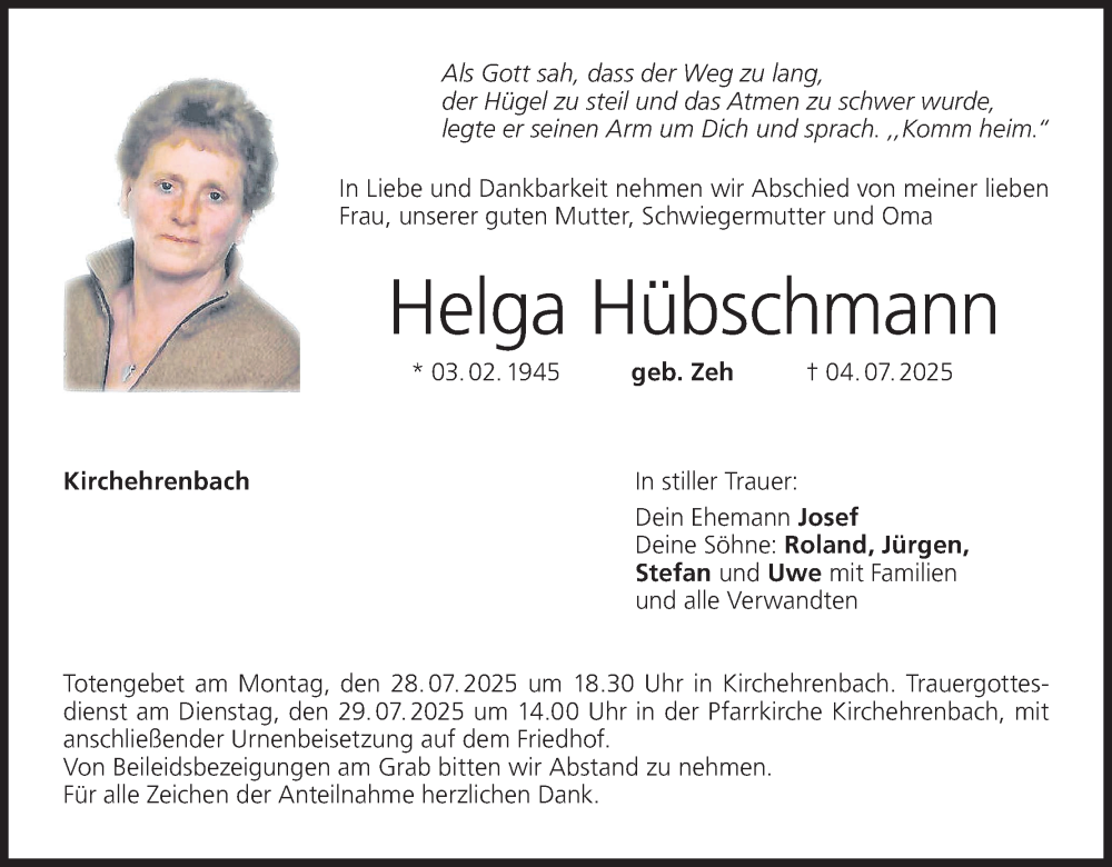  Traueranzeige für Helga Hübschmann vom 19.07.2025 aus MGO