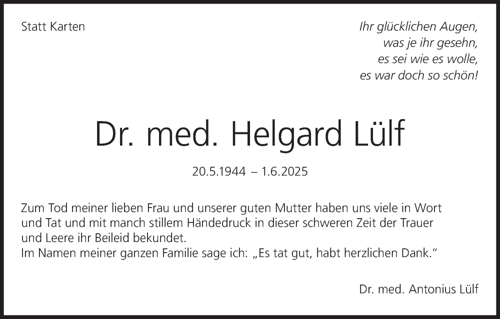  Traueranzeige für Helgard Lülf vom 12.07.2025 aus MGO