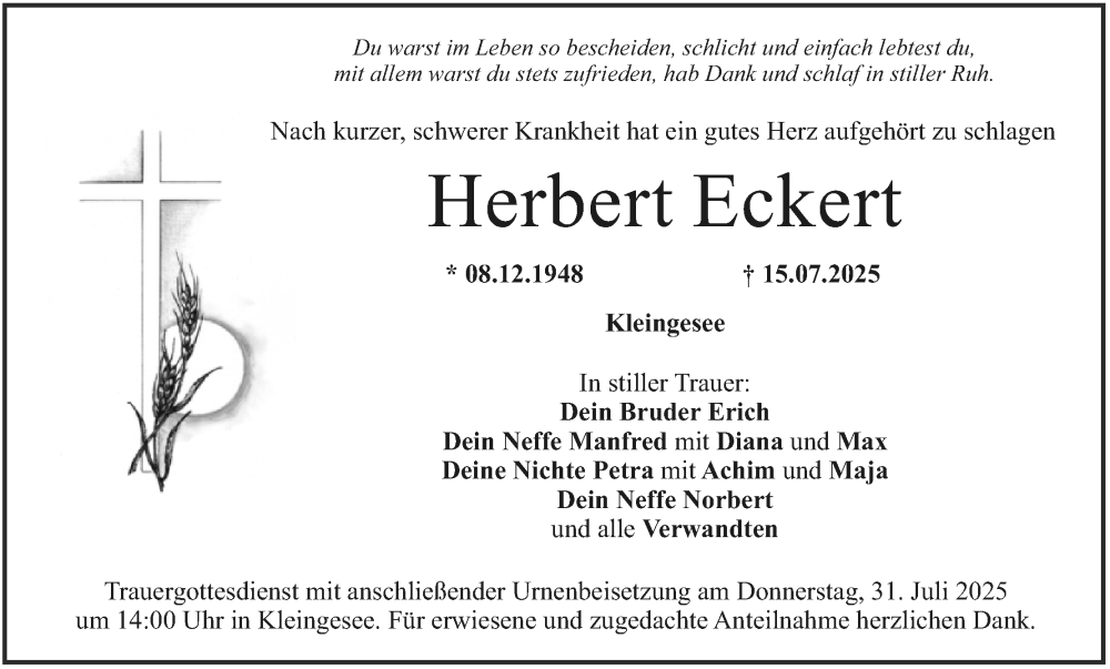  Traueranzeige für Herbert Eckert vom 26.07.2025 aus MGO