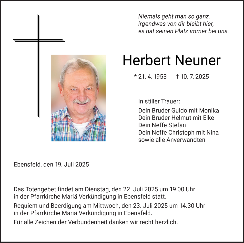  Traueranzeige für Herbert Neuner vom 19.07.2025 aus MGO