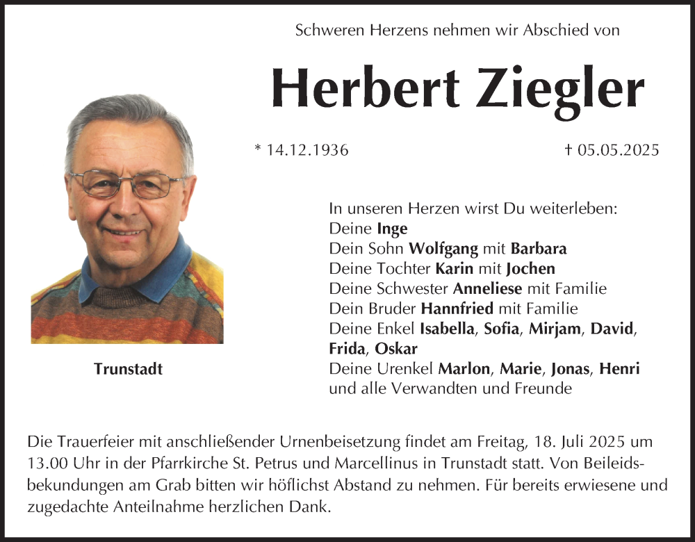  Traueranzeige für Herbert Ziegler vom 12.07.2025 aus MGO
