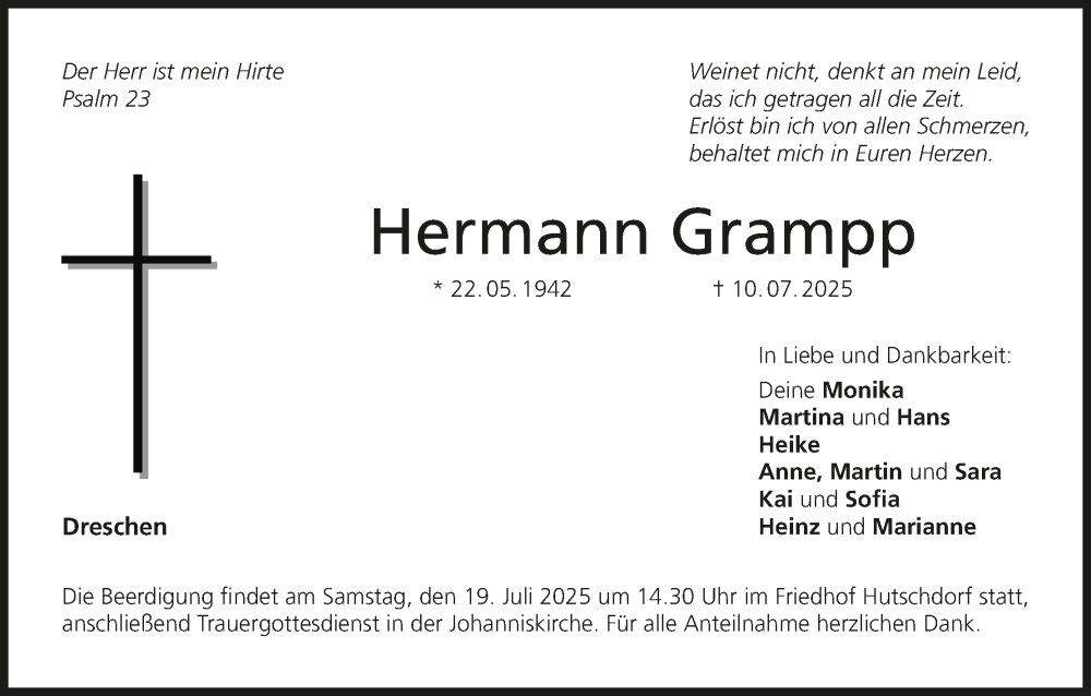 Traueranzeige für Hermann Grampp vom 16.07.2025 aus MGO