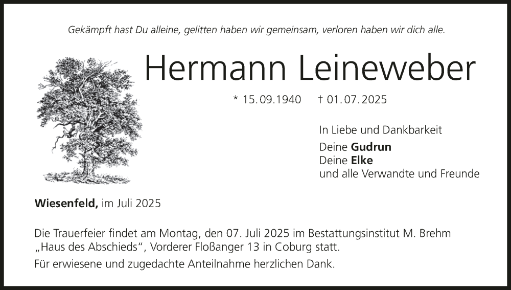  Traueranzeige für Hermann Leineweber vom 05.07.2025 aus MGO