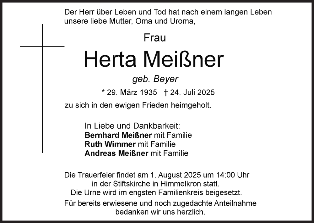  Traueranzeige für Herta Meißner vom 29.07.2025 aus MGO