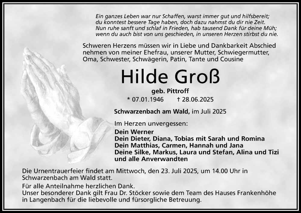  Traueranzeige für Hilde Groß vom 19.07.2025 aus MGO