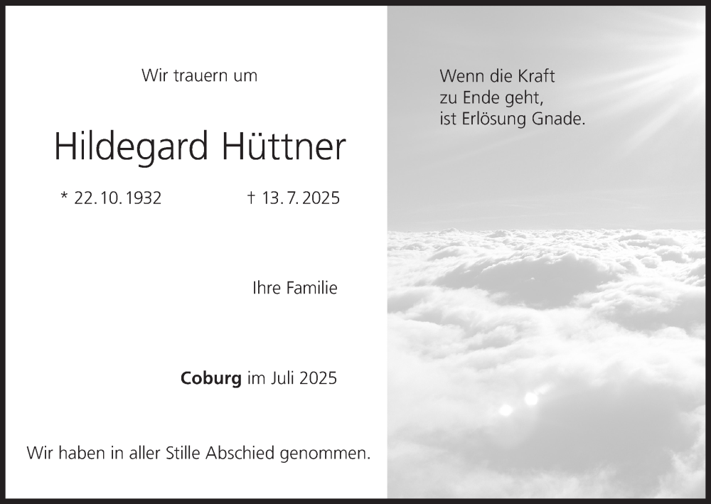  Traueranzeige für Hildegard Hüttner vom 19.07.2025 aus MGO