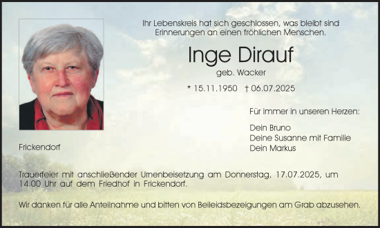 Anzeige von Inge Dirauf von MGO