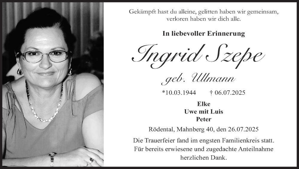  Traueranzeige für Ingrid Szepe vom 26.07.2025 aus MGO