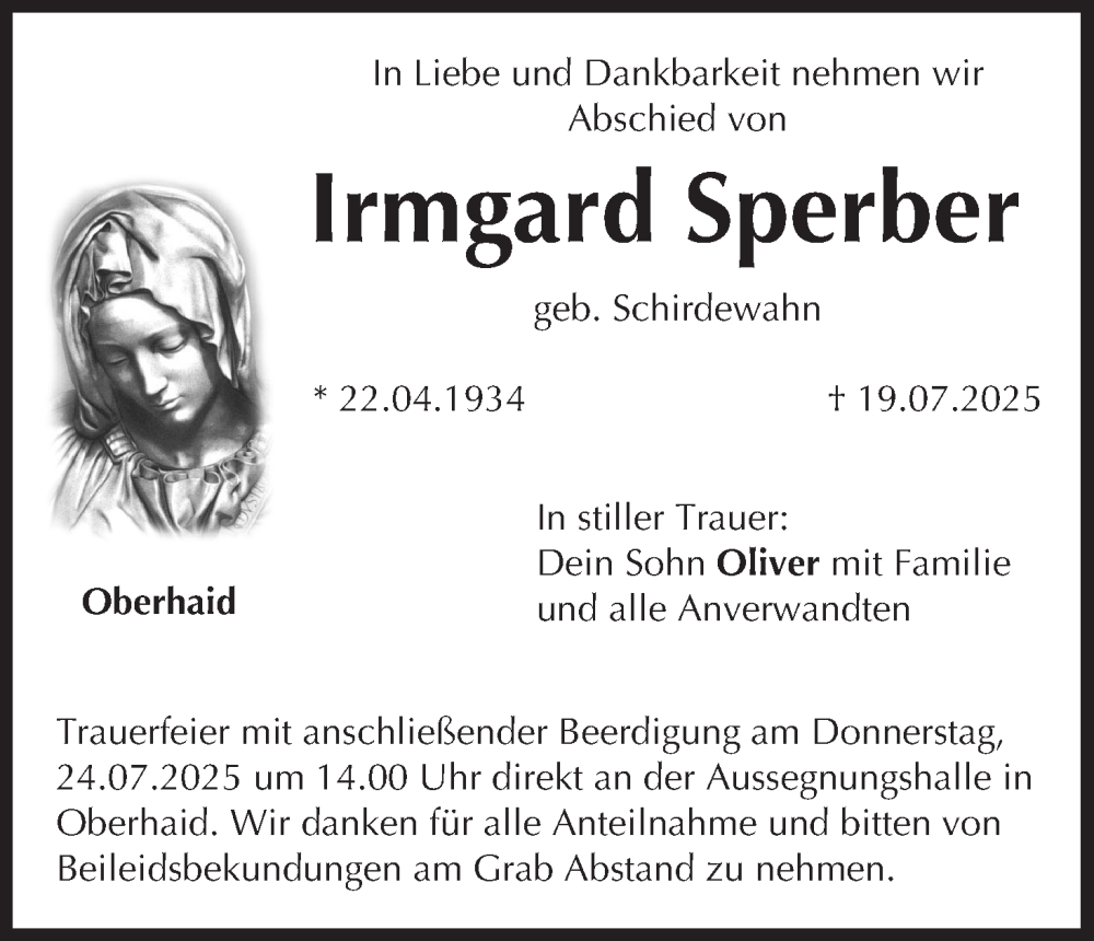  Traueranzeige für Irmgard Sperber vom 23.07.2025 aus MGO