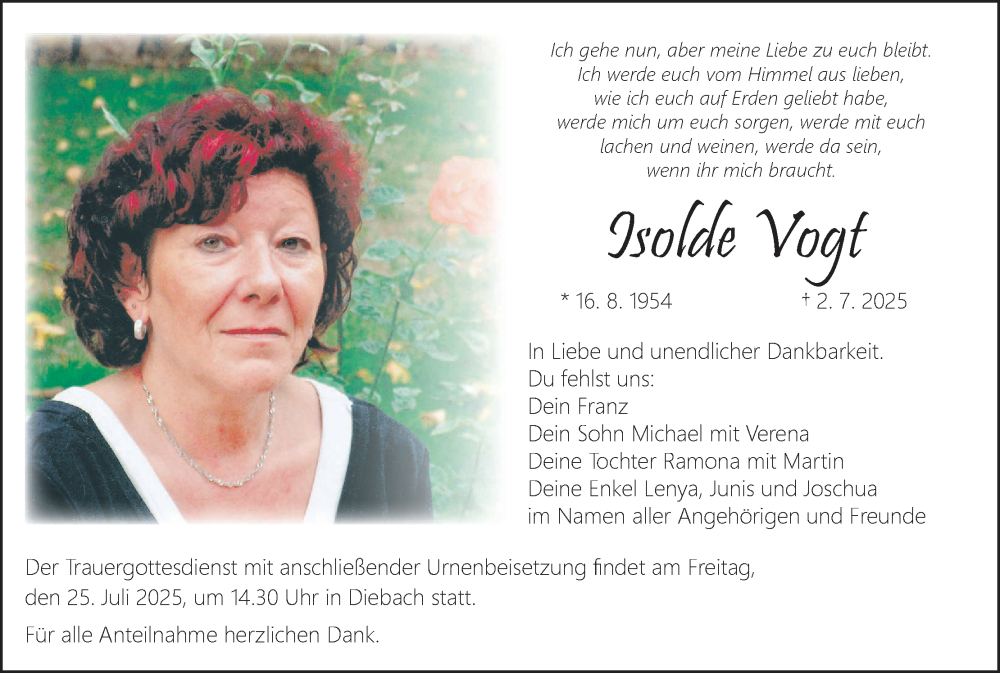  Traueranzeige für Isolde Vogt vom 19.07.2025 aus MGO
