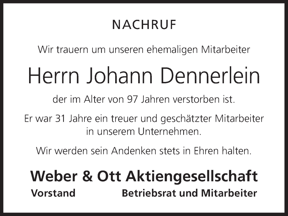  Traueranzeige für Johann Dennerlein vom 08.07.2025 aus MGO