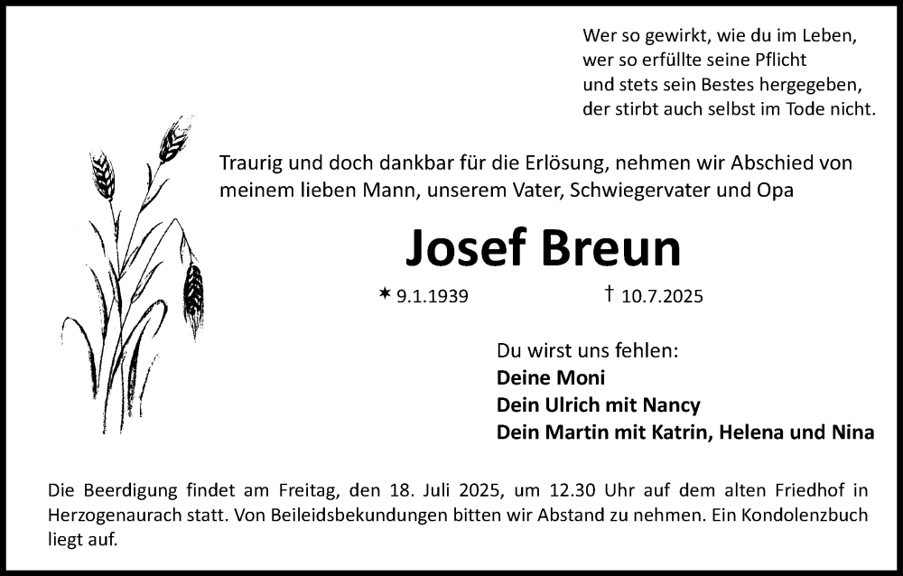  Traueranzeige für Josef Breun vom 12.07.2025 aus MGO