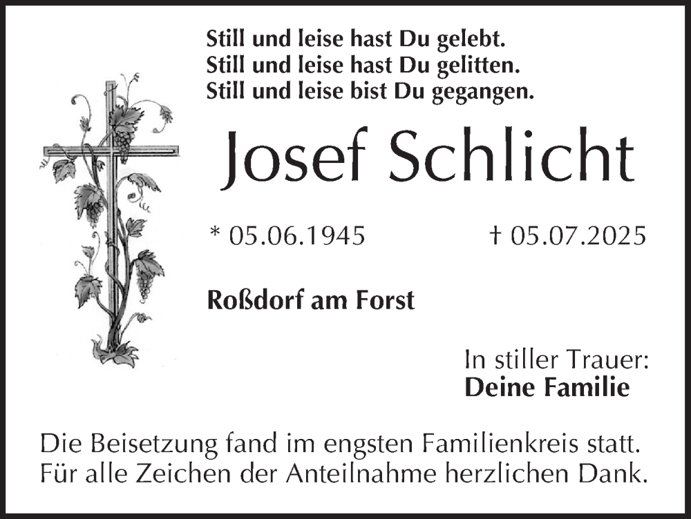  Traueranzeige für Josef Schlicht vom 26.07.2025 aus MGO