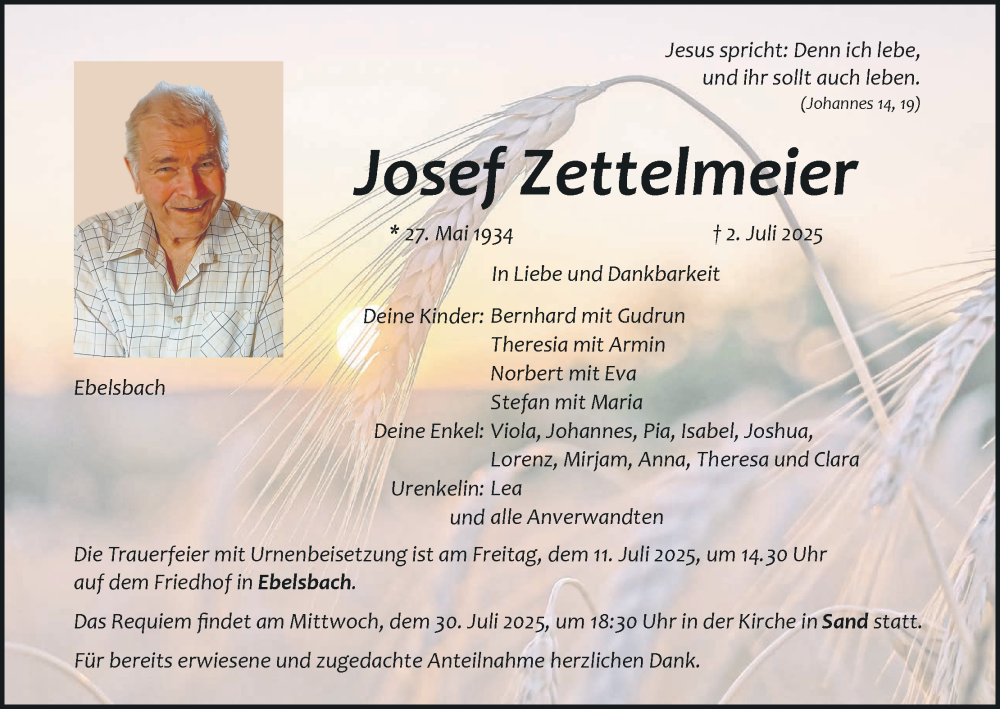  Traueranzeige für Josef Zettelmeier vom 05.07.2025 aus MGO