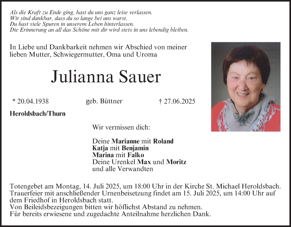 Traueranzeige für Julianna Sauer vom 12.07.2025 aus MGO