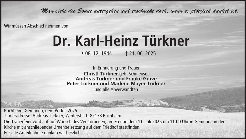  Traueranzeige für Karl-Heinz Türkner vom 05.07.2025 aus MGO