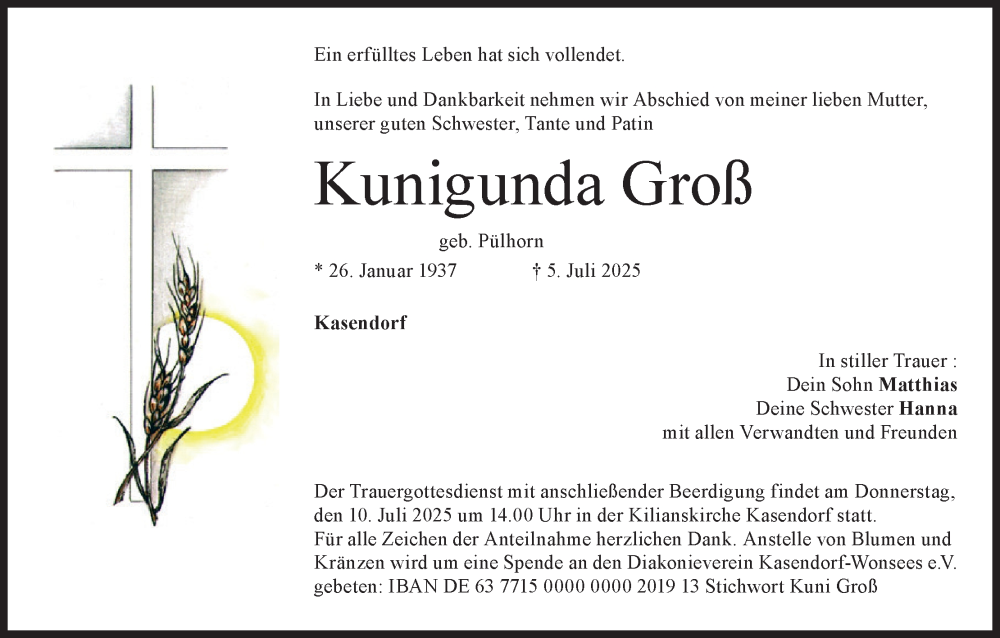  Traueranzeige für Kunigunda Groß vom 08.07.2025 aus MGO