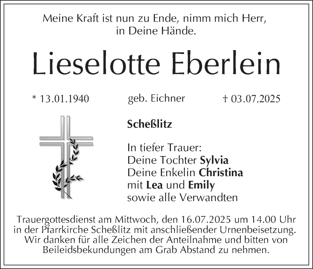  Traueranzeige für Lieselotte Eberlein vom 12.07.2025 aus MGO