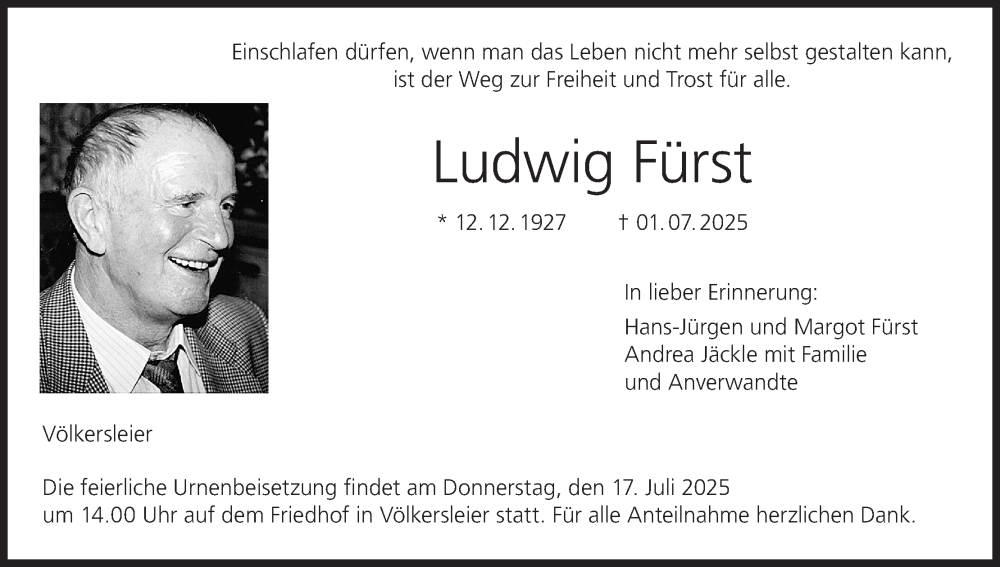  Traueranzeige für Ludwig Fürst vom 12.07.2025 aus MGO