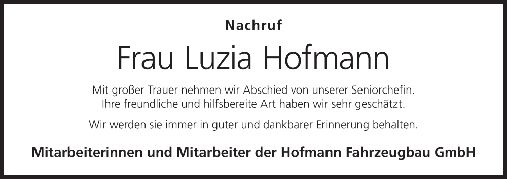 Traueranzeige für Luzia Hofmann vom 12.07.2025 aus MGO
