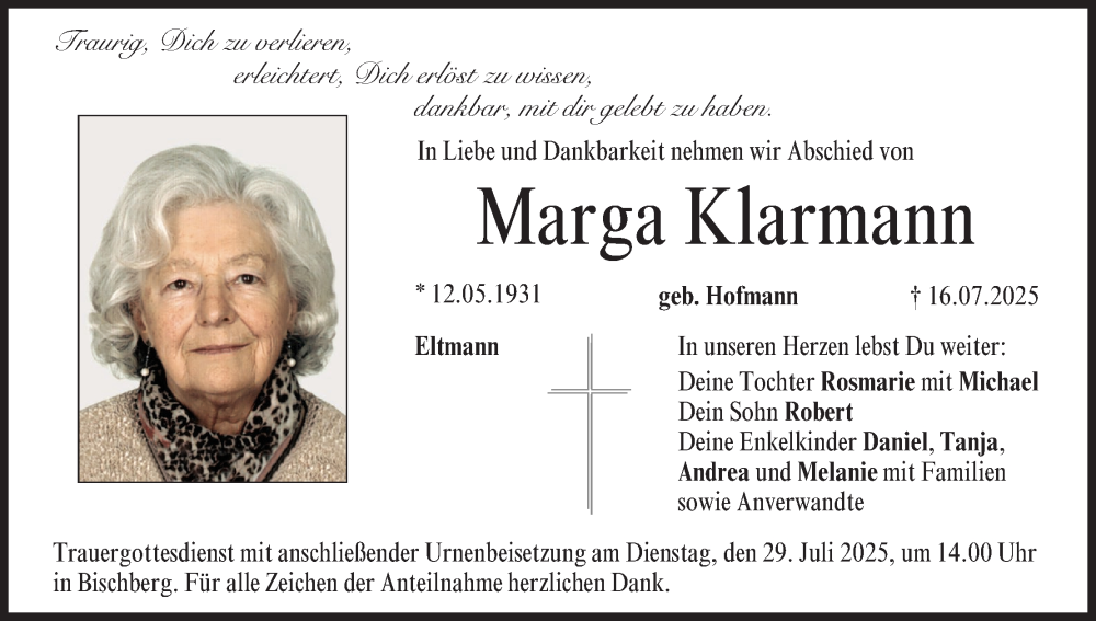  Traueranzeige für Marga Klarmann vom 26.07.2025 aus MGO