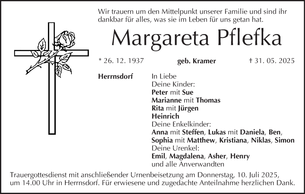  Traueranzeige für Margareta Pflefka vom 05.07.2025 aus MGO