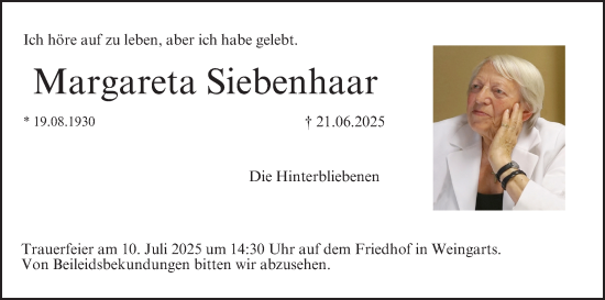 Anzeige von Margareta Siebenhaar von MGO