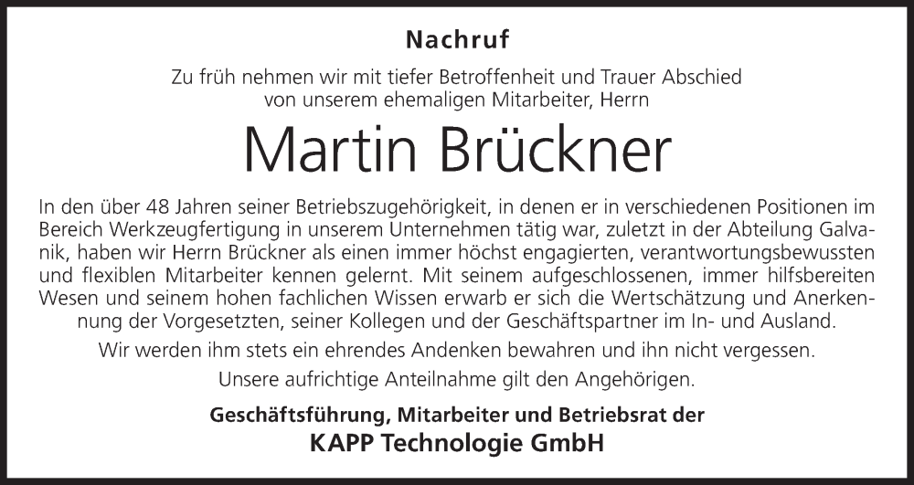  Traueranzeige für Martin Brückner vom 04.07.2025 aus MGO