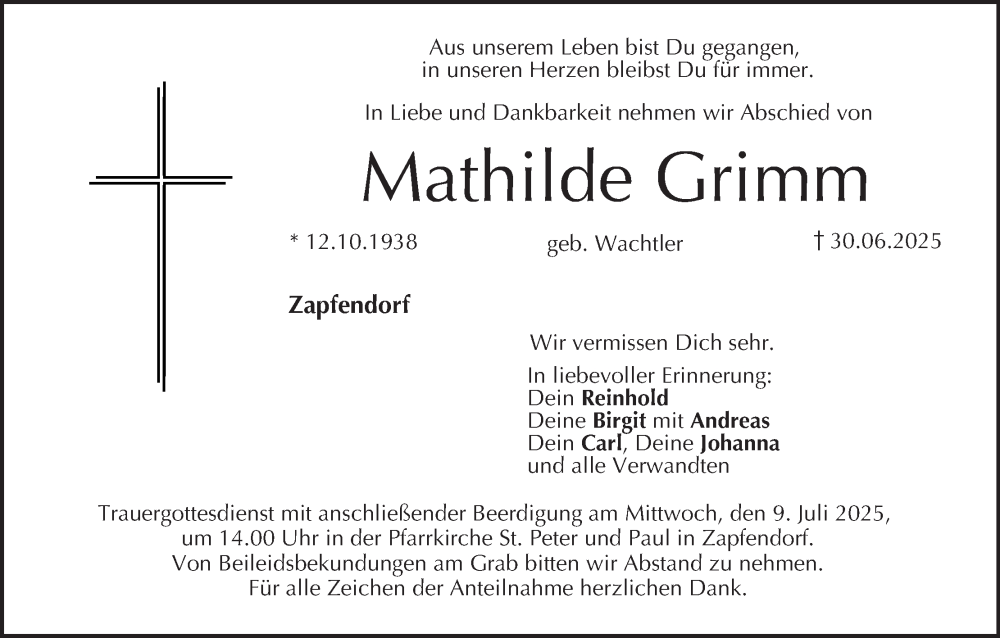  Traueranzeige für Mathilde Grimm vom 05.07.2025 aus MGO