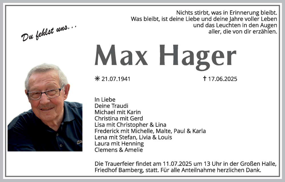  Traueranzeige für Max Hager vom 05.07.2025 aus MGO