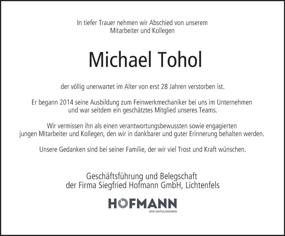  Traueranzeige für Michael Tohol vom 01.07.2025 aus MGO