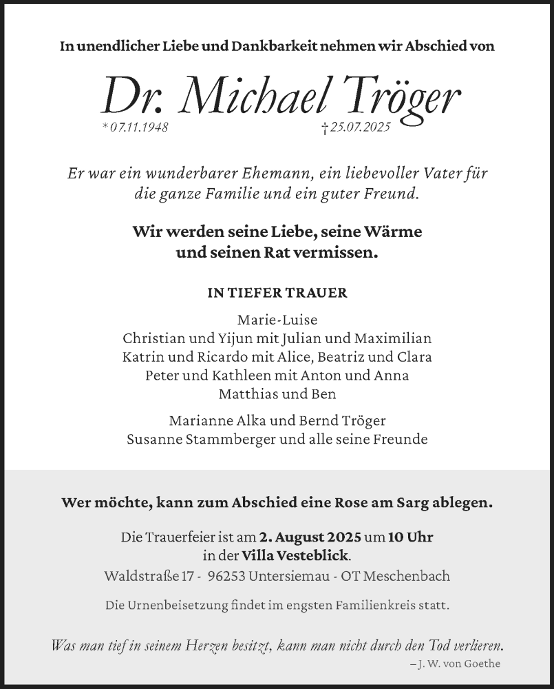  Traueranzeige für Michael Tröger vom 30.07.2025 aus MGO