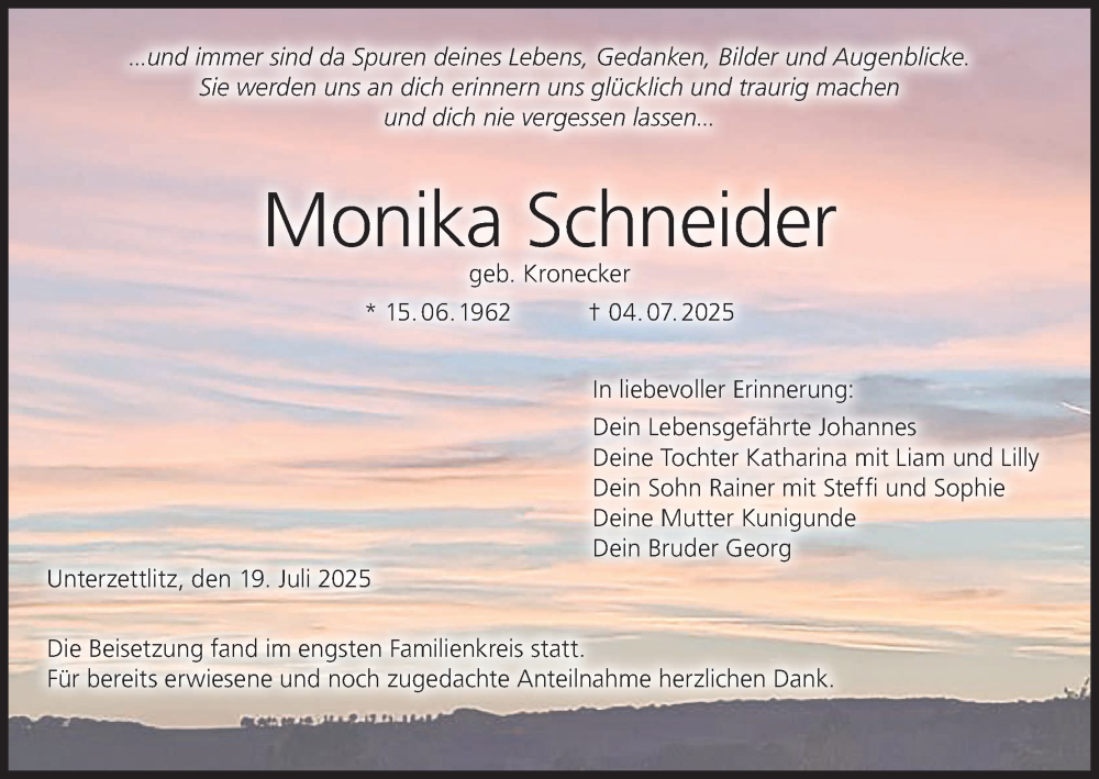  Traueranzeige für Monika Schneider vom 19.07.2025 aus MGO